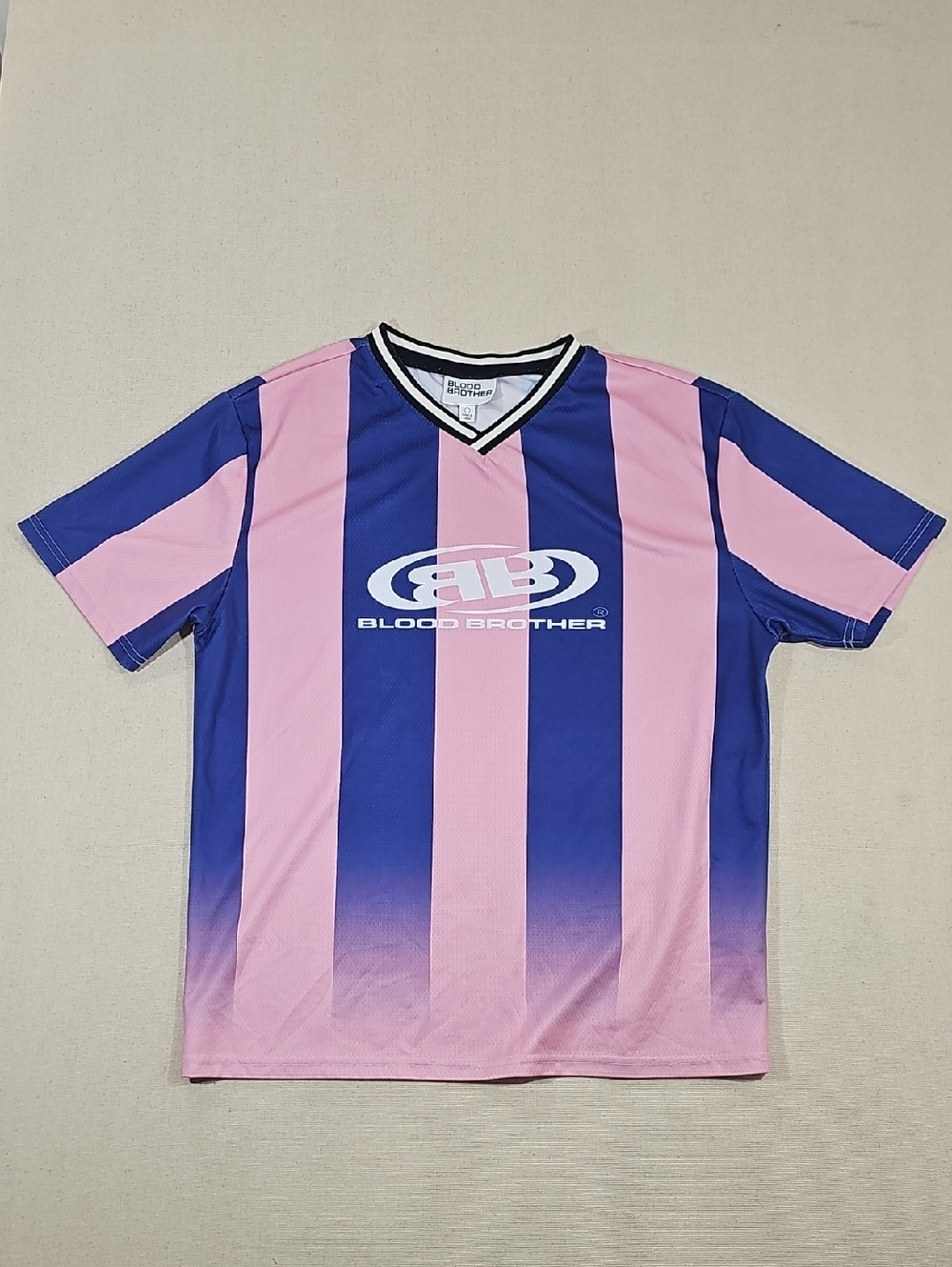 Blood Brother Pink & Blue Striped V-Neck Top with Contrast Trim Large